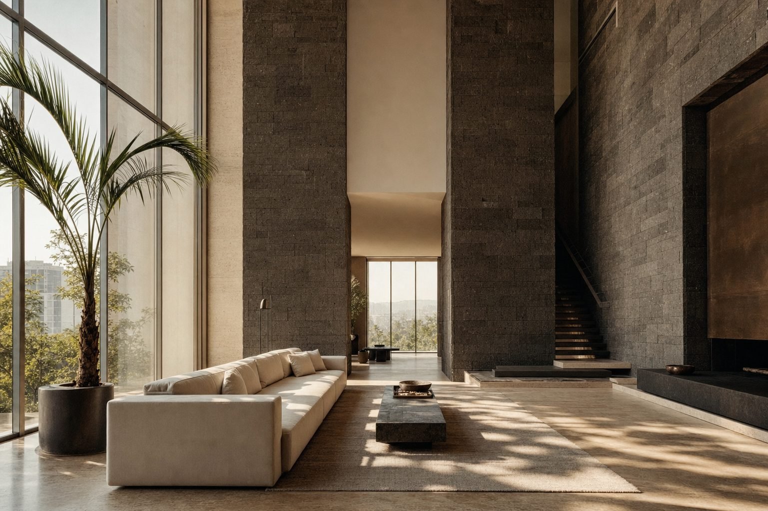 Residencia contemporánea de lujo con muros de piedra y luz de atardecer
